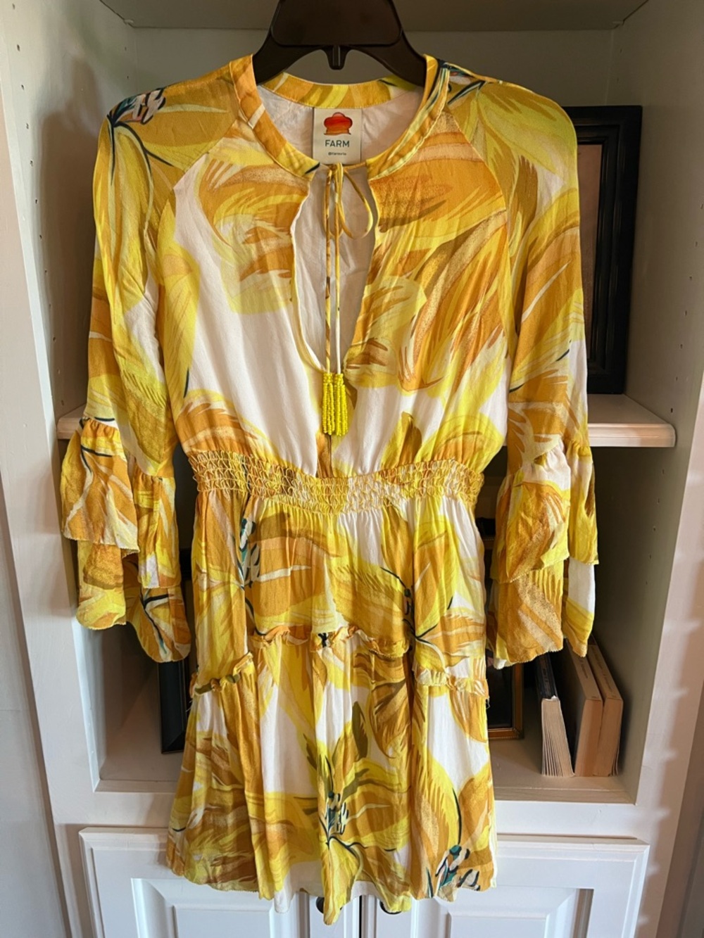 Farm Rio Mini Dress Yellow Azalea Floral Smocked XS S